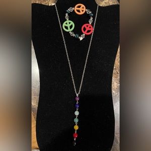 Zen 7 Chakras Necklace & Peace Sign Stretch bracelet Bundle Necklace Silver